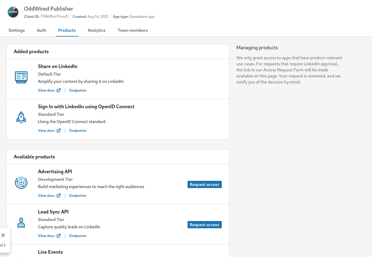 Placeholder: LinkedIn developer app settings screenshot